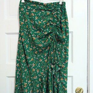 Max Studio Green Ditzy Chryanthemum Floral Fan Pattern Ruffle Slit Midi Skirt